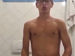 Uncut Latino jerks and shoots a load in his bathroom