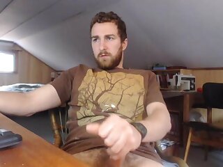 He jerks off his bushy cock in his room until he cums his load